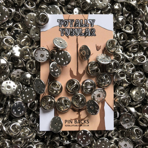 Silver coloured metal pin badge backs