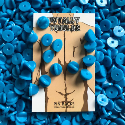 Blue round rubber pin badge backs