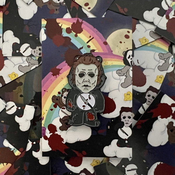 INTENSIVE CARE BEAR wearing Michael Myers mask enamel pin badge