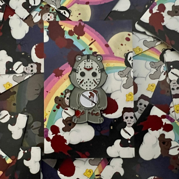 INTENSIVE CARE BEAR wearing Jason Voorhees mask enamel pin badge