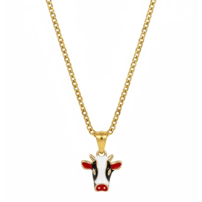 Cow Head Enamel Pendant with Chain
