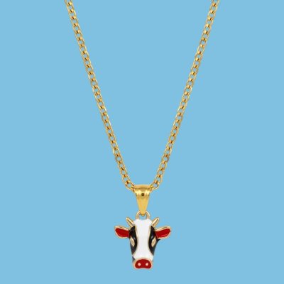 Cow Head Enamel Pendant with Chain