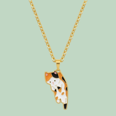 Caught eating humans dinner ginger cat Enamel Pendant with Chain