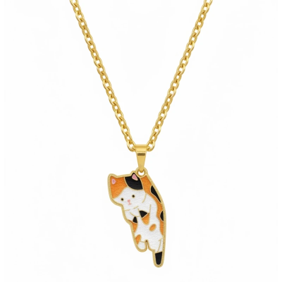 Caught eating humans dinner ginger cat Enamel Pendant with Chain