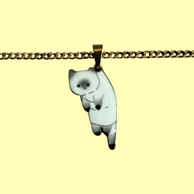 Caught eating humans dinner white cat Enamel Pendant with Chain