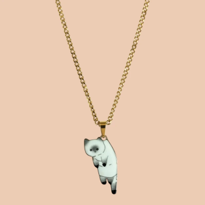 Caught eating humans dinner white cat Enamel Pendant with Chain