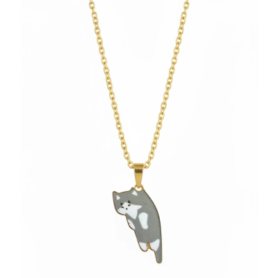 Caught eating humans dinner grey cat Enamel Pendant with Chain