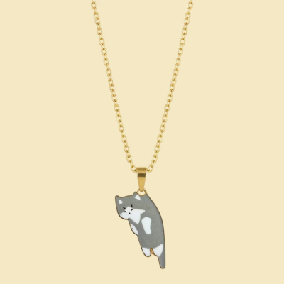 Caught eating humans dinner grey cat Enamel Pendant with Chain