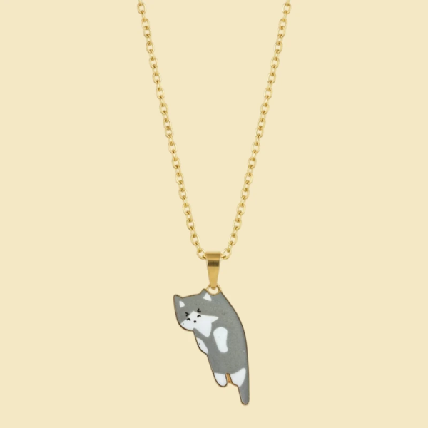 Caught eating humans dinner grey cat Enamel Pendant with Chain