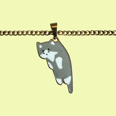 Caught eating humans dinner grey cat Enamel Pendant with Chain