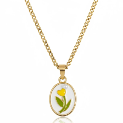 Yellow Flower in a Vintage Style Enamel Pendant with Chain