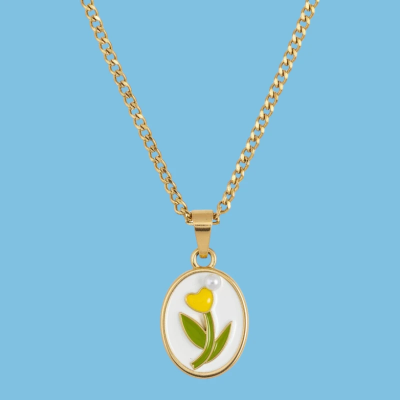 Yellow Flower in a Vintage Style Enamel Pendant with Chain