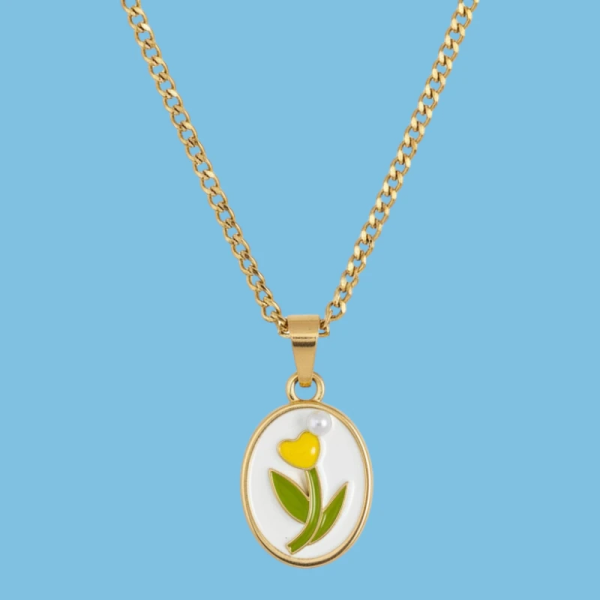 Yellow Flower in a Vintage Style Enamel Pendant with Chain