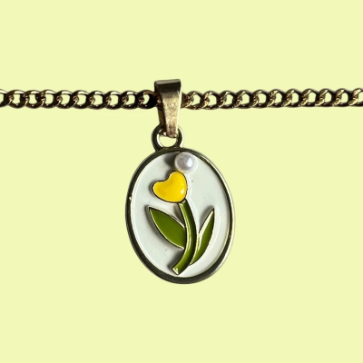Yellow Flower in a Vintage Style Enamel Pendant with Chain