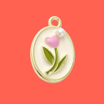 Pink Flower in a Vintage Style Enamel Pendant with Chain