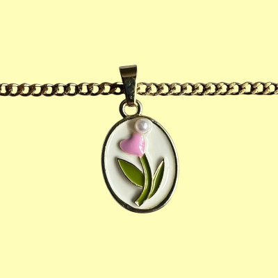 Pink Flower in a Vintage Style Enamel Pendant with Chain