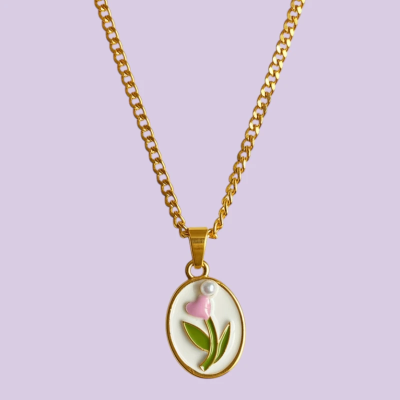 Pink Flower in a Vintage Style Enamel Pendant with Chain