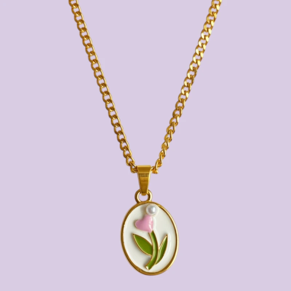 Pink Flower in a Vintage Style Enamel Pendant with Chain