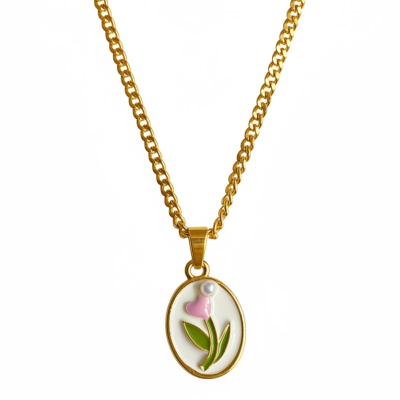 Pink Flower in a Vintage Style Enamel Pendant with Chain
