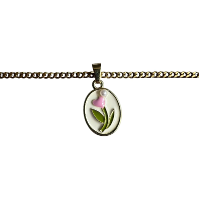 Pink Flower in a Vintage Style Enamel Pendant with Chain