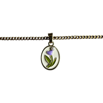 Puprle Flower in a Vintage Style Enamel Pendant with Chain