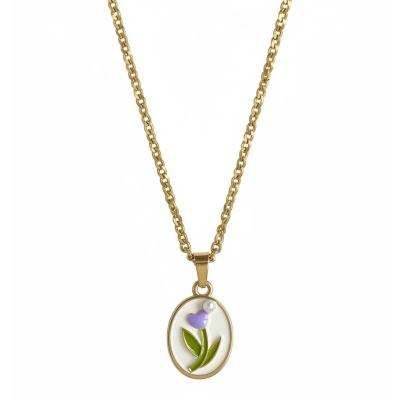 Puprle Flower in a Vintage Style Enamel Pendant with Chain