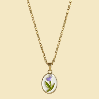 Puprle Flower in a Vintage Style Enamel Pendant with Chain
