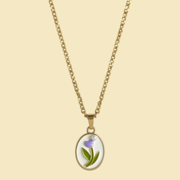 Puprle Flower in a Vintage Style Enamel Pendant with Chain