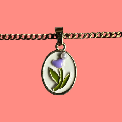 Puprle Flower in a Vintage Style Enamel Pendant with Chain