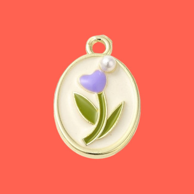 Puprle Flower in a Vintage Style Enamel Pendant with Chain