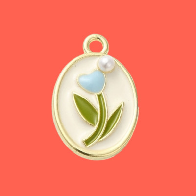Blue Flower in a Vintage Style Enamel Pendant with Chain