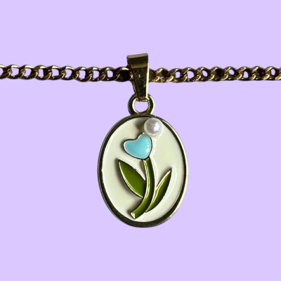 Blue Flower in a Vintage Style Enamel Pendant with Chain