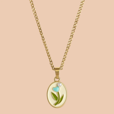 Blue Flower in a Vintage Style Enamel Pendant with Chain