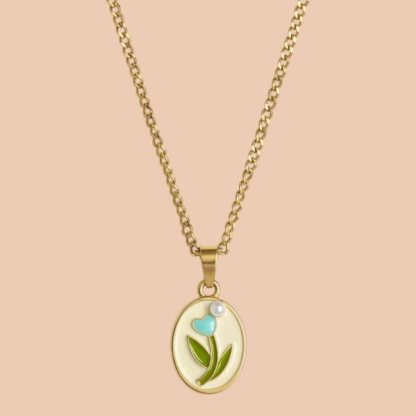 Blue Flower in a Vintage Style Enamel Pendant with Chain