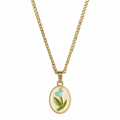 Blue Flower in a Vintage Style Enamel Pendant with Chain
