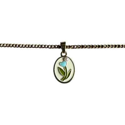 Blue Flower in a Vintage Style Enamel Pendant with Chain