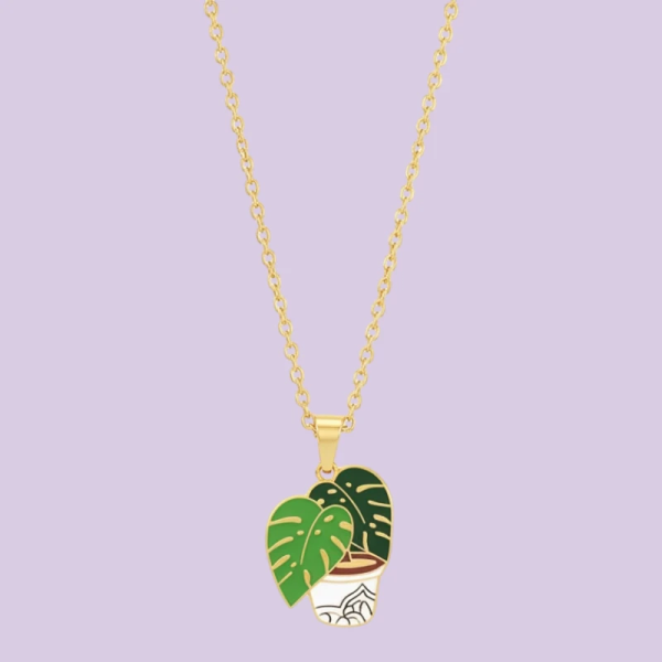 Leafy Plant Enamel Pendant with Chain