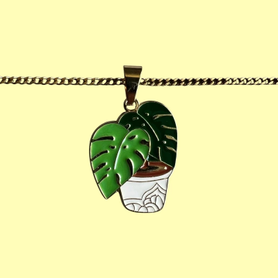 Leafy Plant Enamel Pendant with Chain