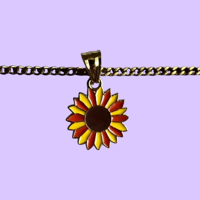 Sunflower Plant Enamel Pendant with Chain