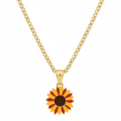 Sunflower Plant Enamel Pendant with Chain